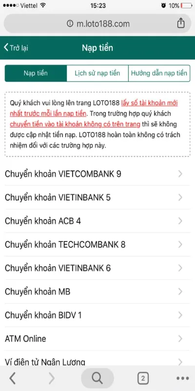 Nạp tiền Loto188 bằng thành toán trực tuyến